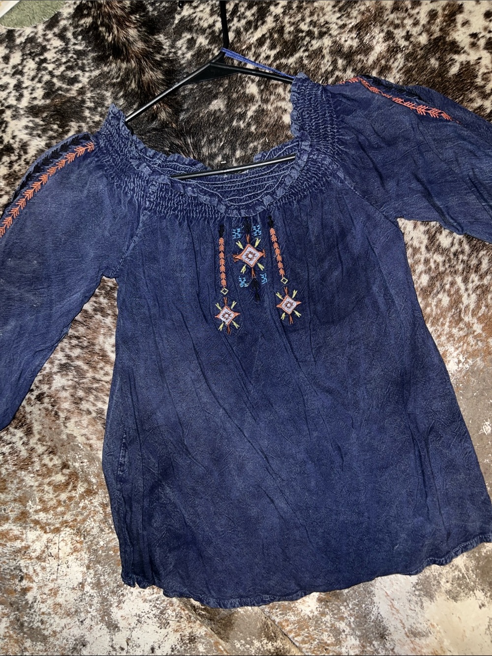 Tramp Navy Embroidered Peasant Top with Rust Detail